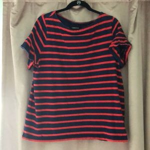 Red and navy striped Lands’ End tee shirt with ruffled sleeves